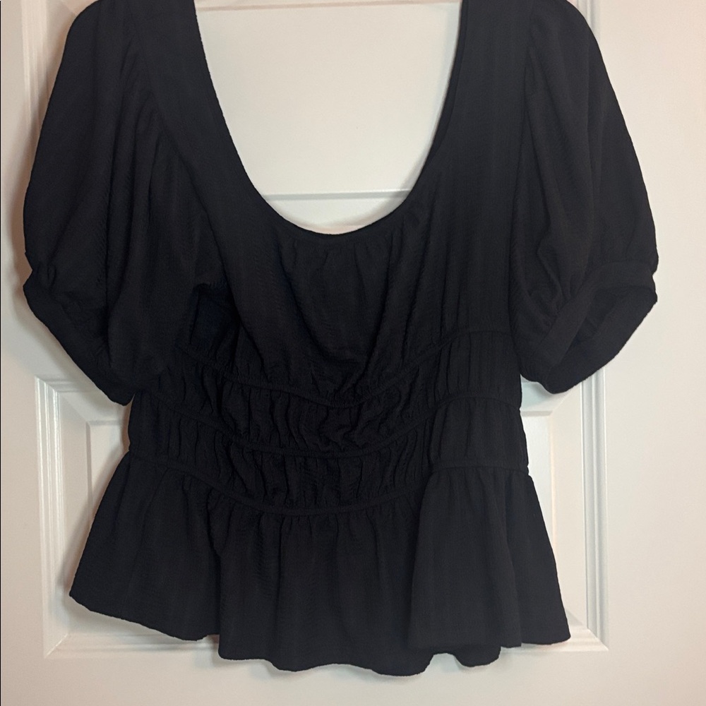 Maeve by Anthropologie Black Puff Sleeve Blouse SZ L Peplum cropped casual NWT - Picture 2 of 16